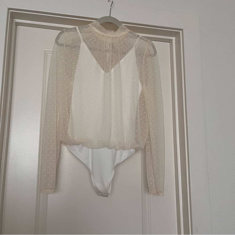 Free People Cream and White Sheer V-Neck Bodysuit
